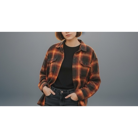 Old Navy Evermore Swiftie Orange Flannel Women's S Plaid Crop Boyfriend Shirt - Picture 6 of 12